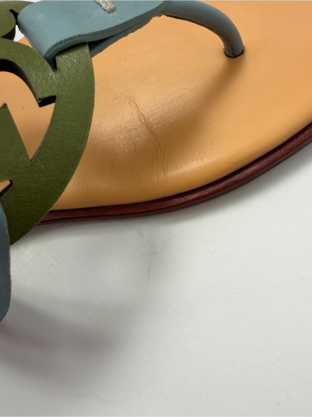 Tory Burch Miller Sandals Double T Logo Leather Green Tan Northern Blue Size 9M - Picture 10 of 16